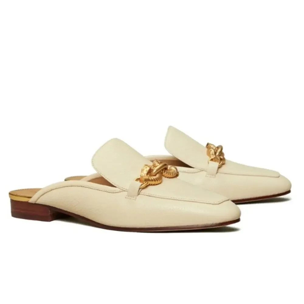 New Tory Burch Jessa Leather Mule Loafer in New Cream w/Gold Horsebit Size 5